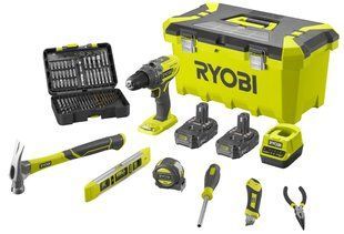 Ryobi Шуруповерт-дриль R18PD3-220TAH с набором ручного инструмента и оснасткой