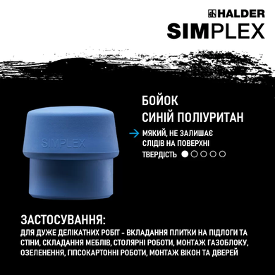Молоток щадящий HALDER SIMPLEX укороченная ручка дерево Hickory, &Oslash;80 боек полиуретан синий, 3001.082