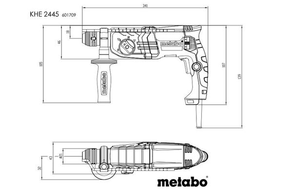 Metabo Перфоратор KHE 2445, 800Вт, SDS-plus, 2.4Дж, 3 режими, 0-1500об/хв