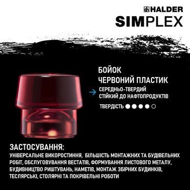 Молоток щадящий HALDER SIMPLEX ручка дерево Hickory, &Oslash;50 боек резина черный/красный пластик, 3026.050
