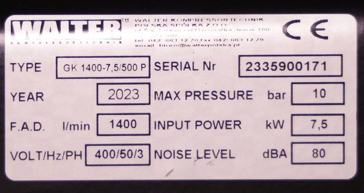 Компрессор поршневой WALTER GK 1400-7,5/500 P