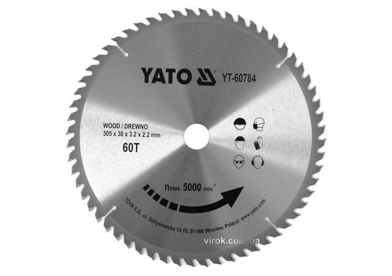 Диск пильный победитовый по дереву YATO: 305x30x3.2x2.2 мм, 60 зубцов, R.P.M до 5000 1/мин