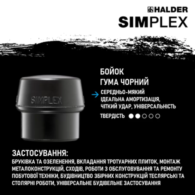 Молоток щадящий-кувалда HALDER SIMPLEX ручка дерево Hickory, &Oslash;60 боек резина черный/Superlastic, 3027.061