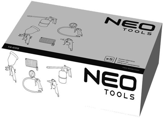 Neo Tools Набір фарбувальний, 5шт., пістолет-розпилювач, пістолет для продування, пістолет з манометром, спіральний
