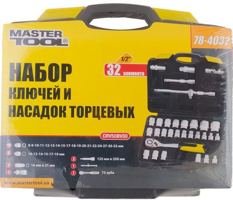 Набор насадок торцевых MASTERTOOL PROFI CrV 1/2" 8-32 мм трещотка 72Т 32 шт кейс 78-4032