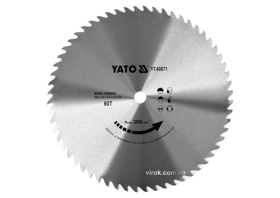 Диск пильный по дереву YATO: 500x32x4.5 мм, 60 зубцов, R.P.M до 3000 1/мин