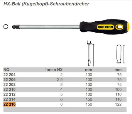 Шестигранна викрутка HEX з кульковою головкою 8x160 мм Proxxon 22216