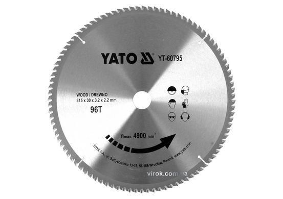 Диск пиляльний победітовий по дереву YATO: 315x30x3.2x2.2 мм, 96 зубців, R.P.M до 4900 1/хв [10]